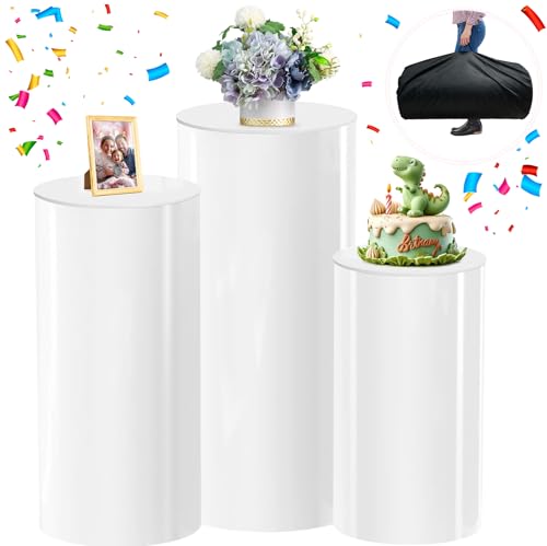 Cylinder Stands for Party - 3pcs White Pedestal Stand(with Storage Bag), Cilindros Para Fiestas Redondos Blancos, Round Display Plinth Cake Tables for Parties Birthday Wedding