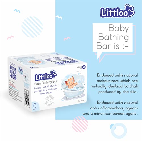 Image of Littloo Baby Bathing Bar for Newborns & Babies - 2 Pieces | Gentle Moisturizing Soap with Essential Oils & Hydrolyzed Wheat Protein | Mild Daily Baby Soap | 0+ Months