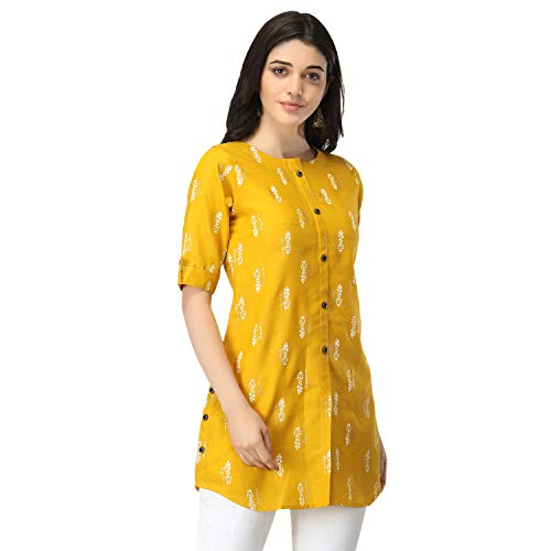 Image of OM SAI LATEST CREATION Slub Rayon Fully Stitched Anarkali Foil Print Kurti for Women & Girls on Jeans Palazzo or Skirt (Plus Size Upto 2XL) (Black)