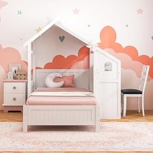 Giantex twin house bed with desk chair wood kids playhouse bed with 2 drawers windmill fence headboard twin house bed for kids teens no box spring needed white  urban country home decor