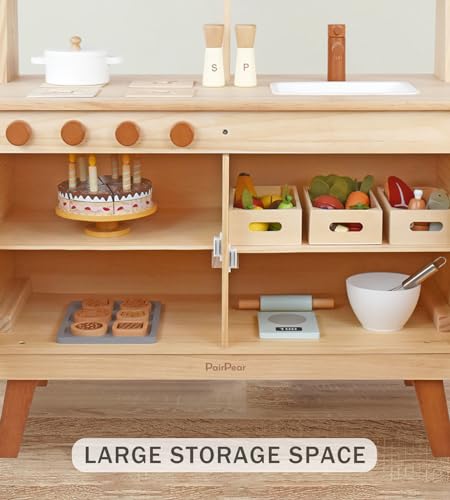 image for PairPear Kids Kitchen Playset,Wooden Toys Kitchen with Pretend Play Fo