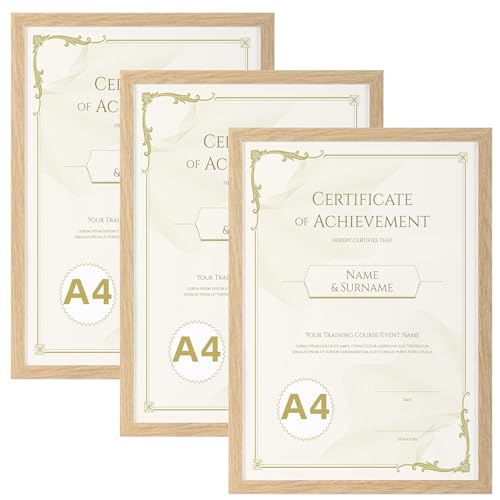 Hoikwo A4 Picture Frame Pack of 3 Oak A4 Photo Frames for Wall or Tabletop Perfect for Certificates Family Photos Artwork Posters & Important Documents