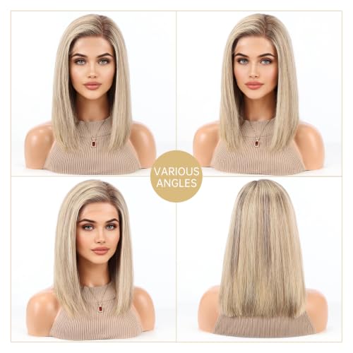 Image of KKU 100% Human Hair Wig, Lace Front Wigs Human Hair Side Part,Light Brown Mixed Blonde Wig Human Hair, Real Human Hair Wigs for Women(14Inch)