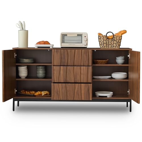 DRIXNO Sideboard 150cm Eiche Dunkel Gemasert, 3 Schubladen, Großes Sideboard, Küchenschrank, Einteilige Aussparung, Schrank für Küche, Wohnzimmer, Eingangsbereich, Flur
