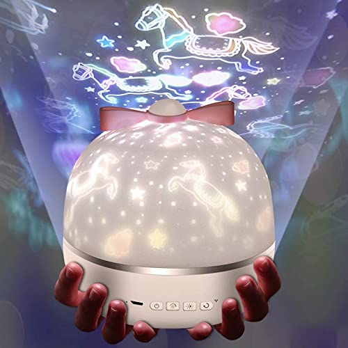 Micacorn Lámpara Proyector Infantil, 360° Rotación Lampara Luz Nocturna Carga USB LED, 6 Películas Proyector Aplicar para Cumpleaños, Vacaciones, Navidad, Decoración de la Habitación de Los Niños