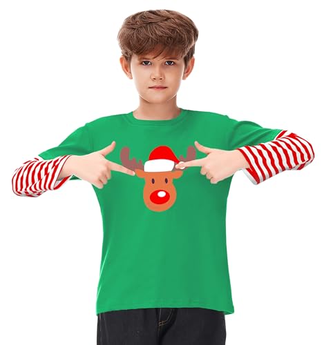 Image of Remimi Unisex Kids Christmas Long Sleeve Shirt Xmas Print Stripe Shirts 2-12 Years
