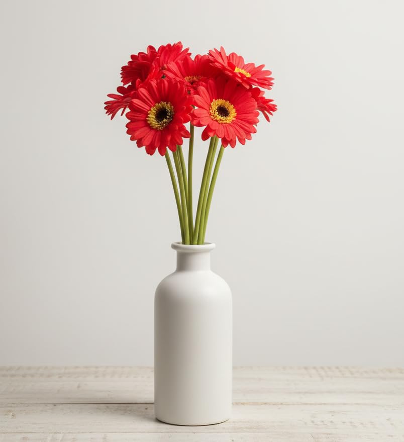 Image of Artificial Gerbera Flower Sticks (Pack of 5) for Home Decor | Realistic Faux Flowers for Vases | Wedding, Office, Living Room & Party Decoration | Long-Lasting, Washable & Reusable (Red)