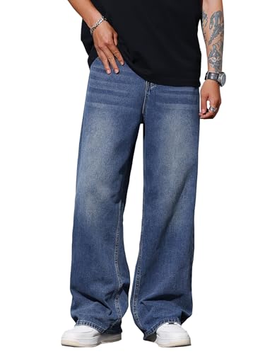 Image of AVANOVA Men's Baggy Fit Jeans- Solid Washed Denim Straight Wide-Leg | Streetwear Casual Dailywear Pants for Men | Trendy Loose-Fit Mid-Waist Denim Trousers (Jeans 247)