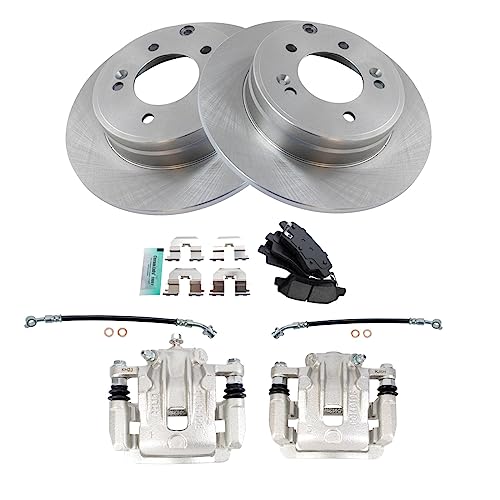 Image of TRQ Rear Brake Pad and Rotor Set Semi Metallic Rotors Calipers Hoses | For 2012-2017 Hyundai Azera 2011-2015 Kia Optima