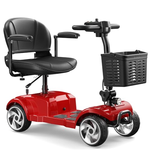 ELERATOR 20 Miles Long Range Electric Mobility Scooter for Adults and Seniors, Powered Mobility Scooters, Compact Heavy Duty Mobile for Travel, Motorized Scooter with LED Headlight, Basket Red