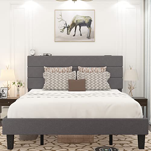 Benevika Full Size Upholstered Platform Bed Frame With Linen Fabric Simple Style Headboard And Wooden Slats Support, Upholstered Mattress Foundation, No Box Spring Needed, Easy Assembly, Grey #TOP2