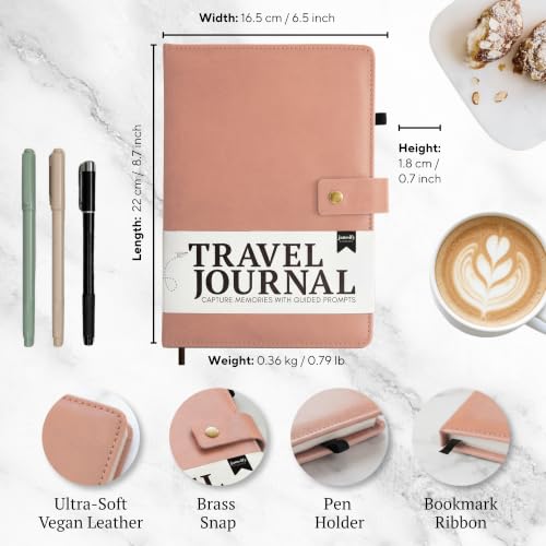 Image of Travel Journal with Prompts (Hardcover) 2nd Edition - Vegan Leather Adventure Essential - 2-Page-A-Day Travel Journal (40 Days) for Women Men Nonbinary - A5 Daily Diary & Traveler Notebook - Gift - Present - Blush Pink