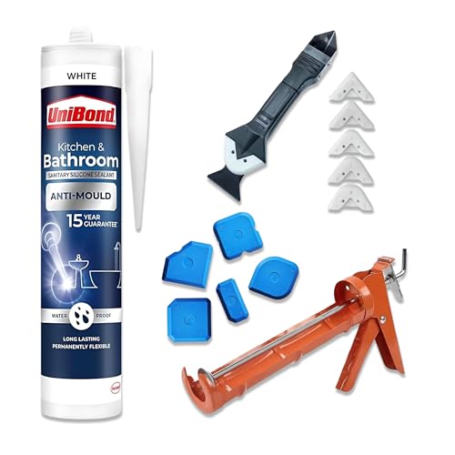 White Silicone Sealant Application Bundle With Unibond Kitchen & Bathroom Sealant, Caulking Gun, Silicone Remover Tool & Finishing Tool for Bathrooms & Kitchens