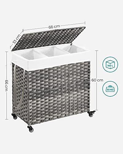 SONGMICS Laundry Basket, Handwoven Laundry Hamper, 140L Rattan-Style Washing Basket with 3 Compartments, Removable Liner, Handles, Lid, Living Room, Bathroom, 66 x 33 x 60 cm, Grey LCB363G01