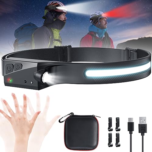 LED Headlamp Rechargeable, 230° Wide Beam Head Lamp with Red Light Option, 6 Modes Adjustable, Motion Sensor, IPX4 Waterproof Head Lights for Forehead, Suitable for All Outdoor Activities & Daily Use