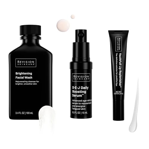 Revision Skincare Glow Essentials Gift Set: Anti Aging DEJ Daily Boosting Serum, Youthfull Lip Replenisher Lip Plumper with Hyaluronic Acid, Brightening Face Wash, & Cosmetic Bag