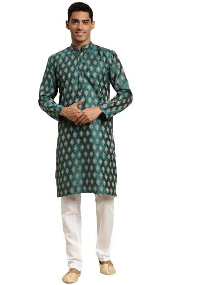 Image of SOJANYA (Since 1958 Men's Cotton Blend Navy Blue & Black Printed Kurta & White Churidar Pyjama Set