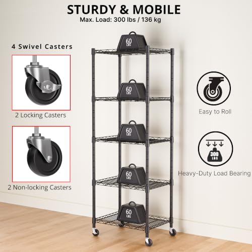 Image of REGILLER 5-Wire Shelving Metal Storage Rack Adjustable Shelves,Standing Storage Shelf Units for Laundry Bathroom Kitchen Pantry Closet(Black,11.8 inch D x 16.6 inch W x 53.5 inch H,With Wheels)