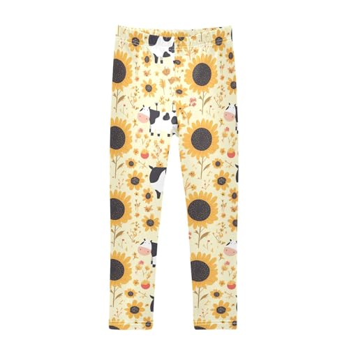 KLL Black White Cow Print Sunflowers Girls Active Leggings Soft High Waisted Workout Pants Running