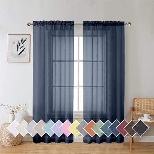 Aiyufeng Pure Sheer Window Curtains Inch 72 Length 2 PCS Rod Pocket Voile Drapes for Bedroom Living Room Semi Sheer Curtain Panels Window Treatments for Yard/Patio/Villa/Parlor 40x 72 Navy Blue