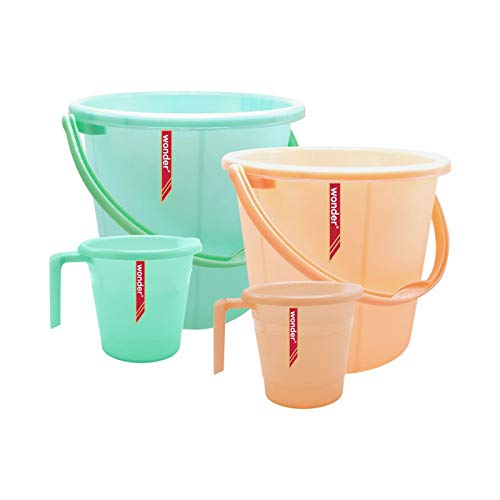 WONDERPlastic Bucket 16 Frosty Combo Set for Home/ Kitchen/ Office, 1 pc Bucket 16 LTR & 1 pc Mug 1000 ml, Orange Green Color, Made in India, KBS00283