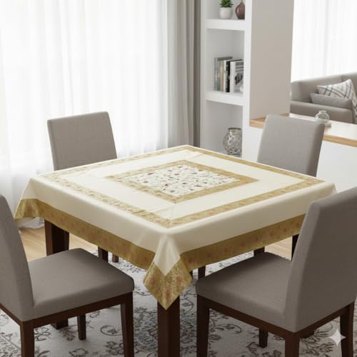 Image of New Year Room Decor Embroidery Brocade Silk Table Cover for Centre & Dinning Table and 4 & 6 Seater Dining Table /Tablecloth, (50 By 50 Inches) (Cream)