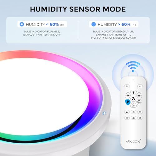 Image of Akicon Bathroom Exhaust Fan with Light & Humidity Sensor, 110 CFM 1.5 Sones Vent Fan with RGB, 3CCT Dimmable LED Light & Nightlight for Shower Room, Round, White, No Wall Switch Required