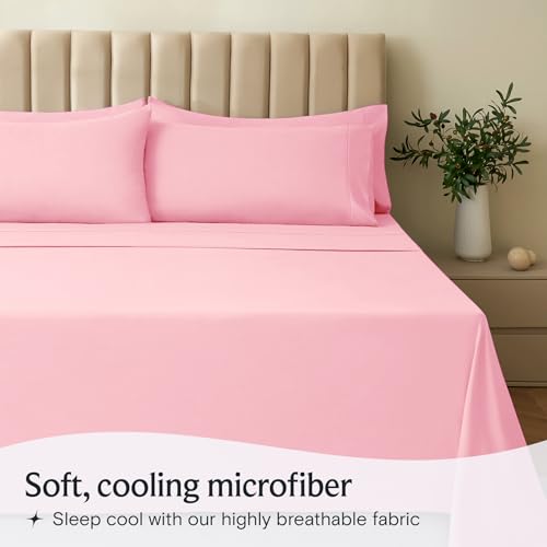 Image of LuxClub 4 PC Sheet Set Bed Sheets Deep Pockets 16 inch Eco Friendly Wrinkle Free Cooling Machine Washable Hotel Bedding Silky Soft - Baby Pink Full