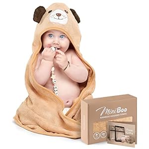 MINIBOO Premium Bamboo Baby Towel with Unique Dog Design – Extra Soft and Absorbent Baby Bath Towel for Newborns, Infants, and Toddlers – Suitable as Baby Gifts