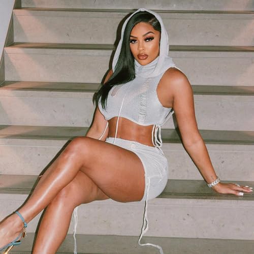 Womens 2 Piece Outfits Sexy Hollow Out Hoodie Crop Tops Hooded Cropped Sweaters Mini Bodycon Skirt Sets2