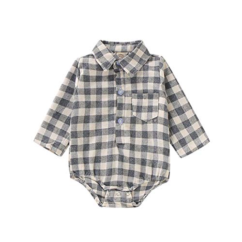 Image of HZYKOK Newborn Boy Clothes Baby Girl Romper Jumpsuit Grey Yellow Buffalo Plaid Shirt Tops Fall Long Sleeve Bodysuit Flannel Blouse Winter Coming Home Outfits 0-3 Months