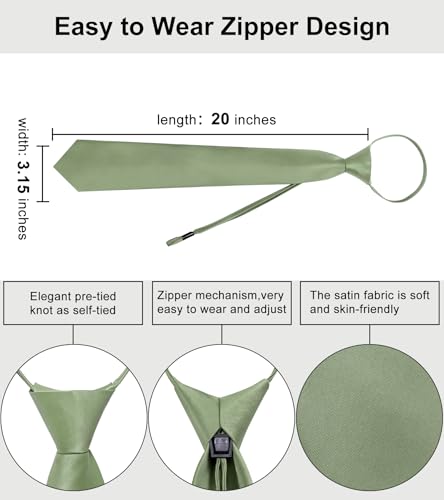 Image of YourTies Zipper Tie for Men Adjustable Pre-tied Satin Neckties and Pocket Square Set Solid Color Business Formal Wedding