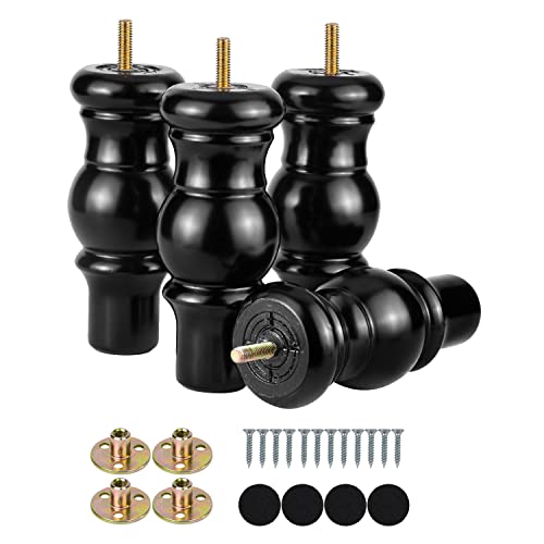 Maricome 6 Inch Wood Legs For Cabinet Dresser Sofa Couch Furniture Legs Set Of 4 Black Mid Century Turned Round Curved #TOP15