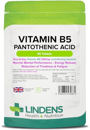 Lindens - Vitamin B5 Pantothenic Acid 500mg 90 Tablets - UK Made | 1-A-Day | Contributes to Mental Performance Metabolism & Reduction of Tiredness | 7666% NRV Dose - Letterbox Friendly Vegan