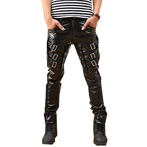 Men Fitted PU Faux Leather Jeans Biker Pants Punk Style