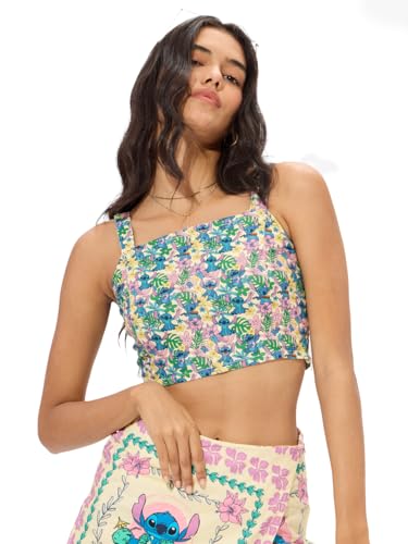 Image of The Souled Store Lilo & Stitch: Ohana Women and Girls Square Neck Sleeveless Multicolor All Over Printed Slim Fit Cropped Bralette Tops