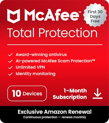 McAfee Total Protection 2022 | 10 Device | Antivirus Internet Security Software | VPN, Password Manager, Dark Web Monitoring & Parental Controls | 30 Days Free with Monthly Auto Renewal - Amazon Exclusive Subscription