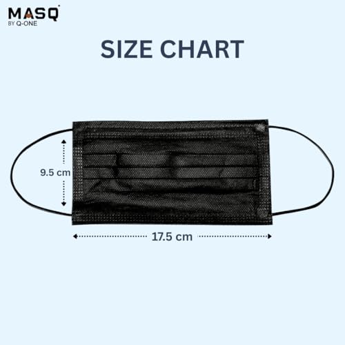 Image of MASQ By Q-One Single Use Disposable Black Face Mask, Soft on Skin, 3-ply Masks Facial Cover with Elastic Earloops and Nose Clip Great For Home, Office, School, and Outdoors