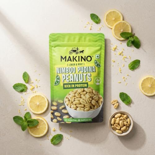 Image of Makino Nimboo Pudina Roasted Peanuts, (Pack of 2) 140g | Tangy Lemon Mint Flavour Peanut Snack | High Protein & Fiber Rich | Gluten Free, Zero Cholesterol & Trans Fat Free | Only Roasted Not Fried | Crispy Crunchy Healthy Namkeen
