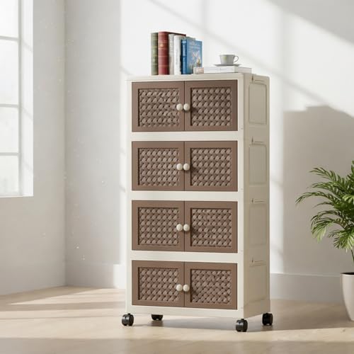 Image of House of Quirk Rattan Design Foldable Storage Box with Wheels, Stackable Storage Bins with Lid, Multi-Purpose Organizer, Space-Saving Storage Cabinet for Home (Cream /Brown, 4 Layer)