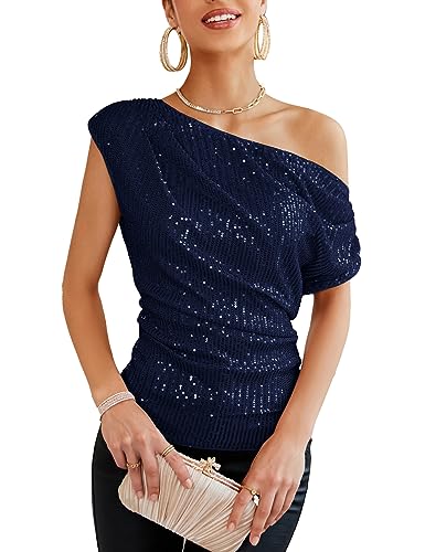 Slimming Ladies Off Shoulder Sequin Top Dressy Ruched Asymmetrical Sparkle Top Cute Bling Vegas Outfit for Women Holidays Shimmer Navy Blue L