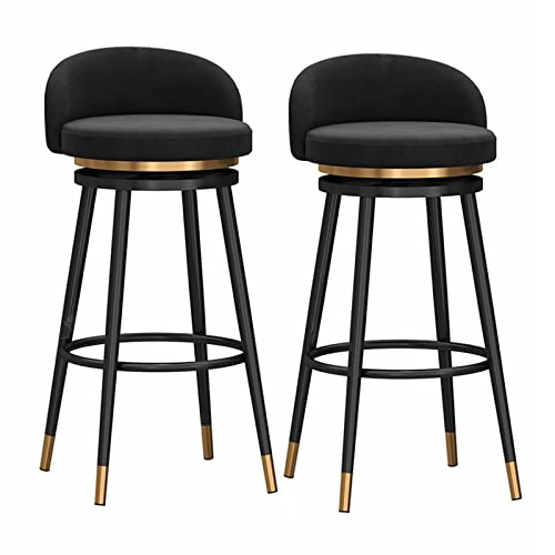 Juego de 2 taburetes de bar giratorios para cocina de granja, altura de mostrador con respaldo, asiento tapizado de terciopelo giratorio de 360°, patas de metal dorado, negro, 75 cm (29,53 pulgadas)