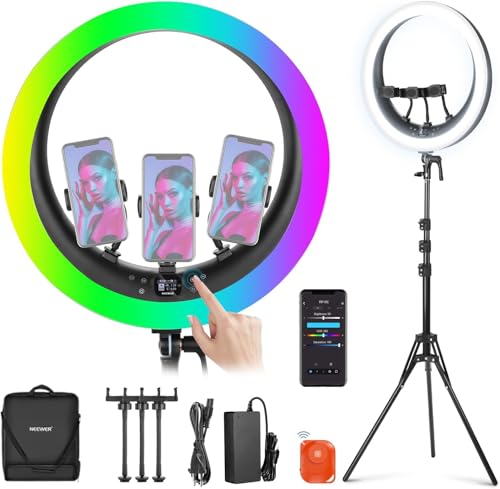 NEEWER 19” LED RGB Ring Light+Stativo, 3 Portatelefono, Pannello Touch, Controllo 2,4G/App, 42W CRI97+ 2800lux/0,5m, Luce Professionale Dimmerabile 360° per Trucco Streaming Live e Chiamate Zoom,RP19C