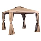 Oakmont 10' x 10' All-Season Permanent Soft-Top Patio Gazebo, Outdoor Gazebo Canopy with Net Drapery Mosquito Netting and Shade Curtains (Brown)