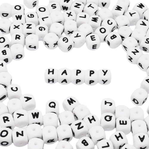 YuGtcen 130PCS Silicone Letter Beads 12mm White A-Z Alphabet Square Beads Ideal for DIY Crafts Bracelets Necklaces Keychains Lanyards Pens
