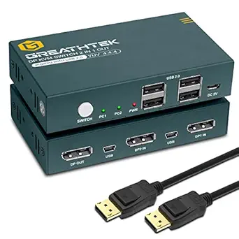 DisplayPort KVM Switch 2 Port 4K@60Hz, DP KVM with 4 USB 2.0 Port, Displayport KVM Switch for 2 PC Share 1 Monitor Keyboard and Mouse, Support Button Switch, with 2 DP Cables and 2 USB Cables