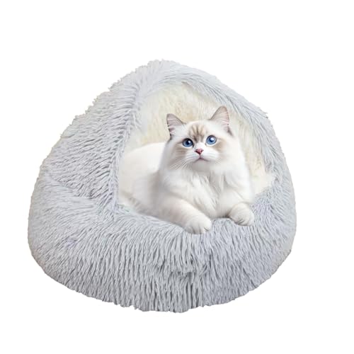 Toyhood Kleines Flauschiges Katzenbett mit Kapuze, Beruhigendes Höhlenbett für Haustiere, Runde Wärmende Haustierbetten, rutschfeste Unterseite, Schlafkissen für Welpen und Kätzchen im Winter (Grau)