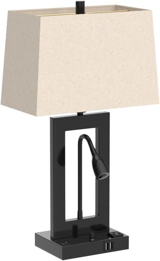 Black Adjustable Table Lamps Set with USB Ports and Fabric Shades