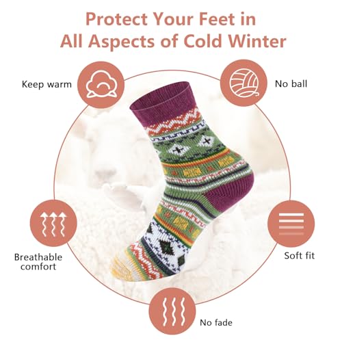 besky 5 Pairs Winter Wool Socks Women, Knit Thick Wool Soft Warm and Breathable Cozy Socks for Womens