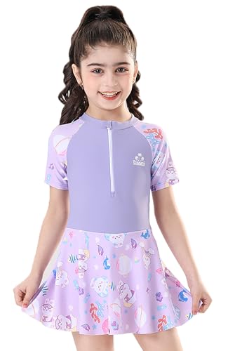 Image of Girls Swimsuit Girls One Piece Skirted Swimsuit Short Sleeve Floral Rash Guard Bathing Suit Swim Dress Swimwear